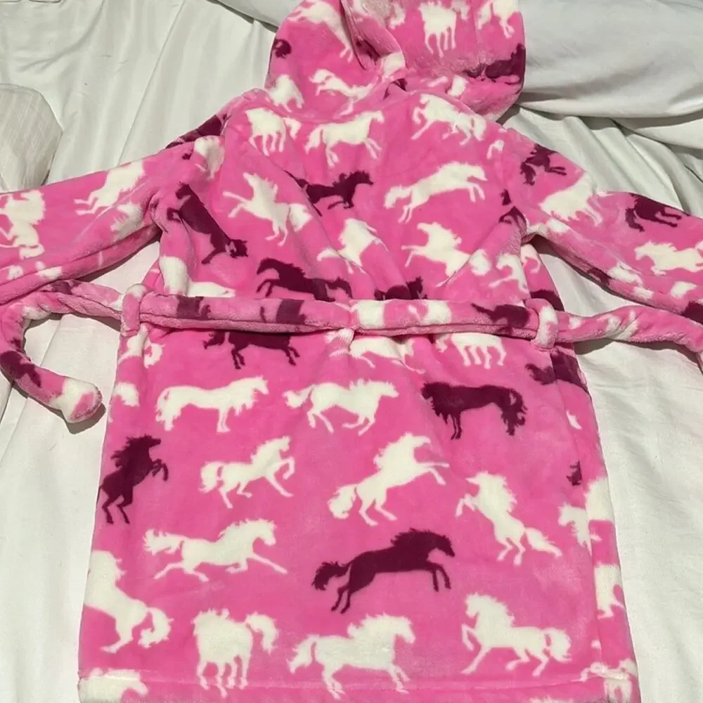 Hatley 4/5 hooded thick pink robe horse print white burgundy pockets euc